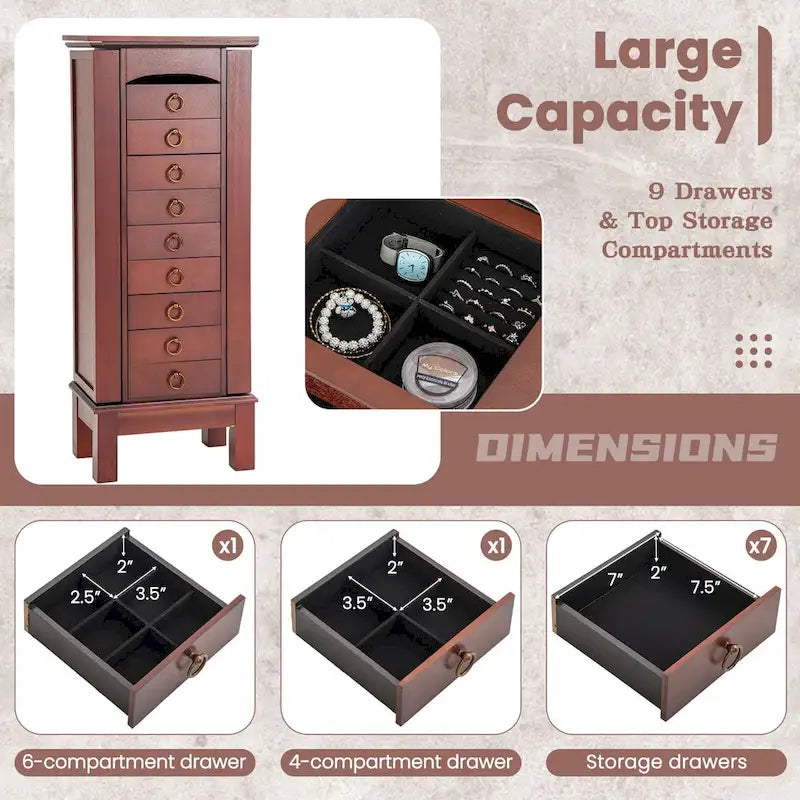 Meuble Armoire à Bijoux en Bois Boîte de Rangement Coffre Support Organisateur