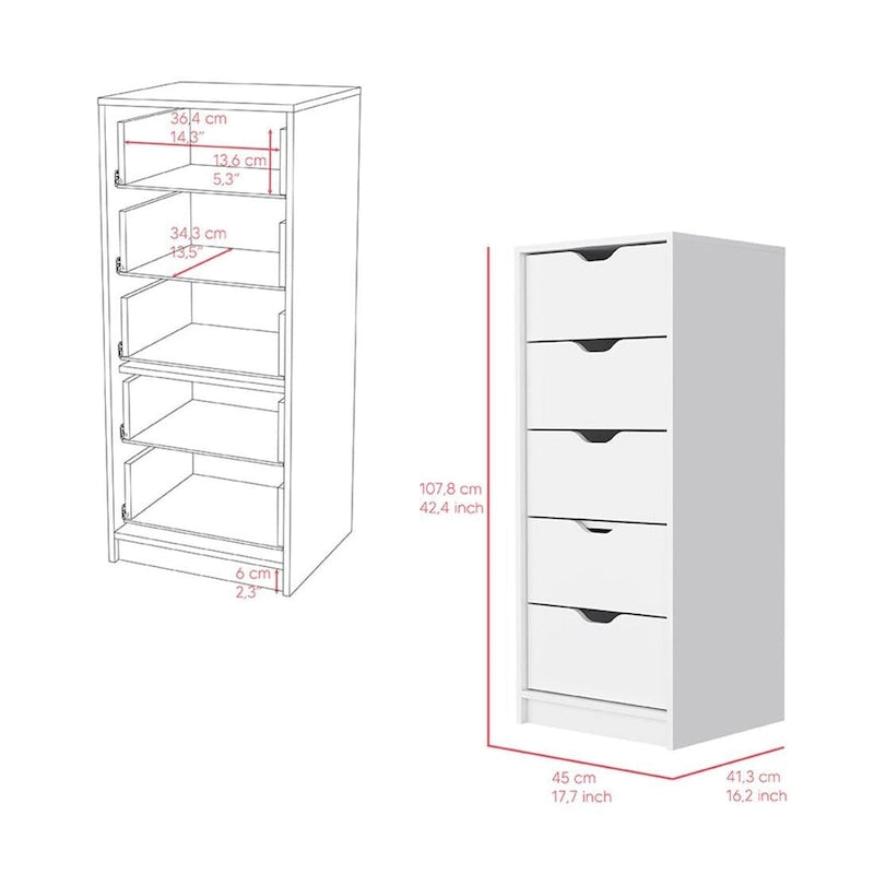 Commode verticale moderne à 5 tiroirs pour chambre à coucher 45,7 cm