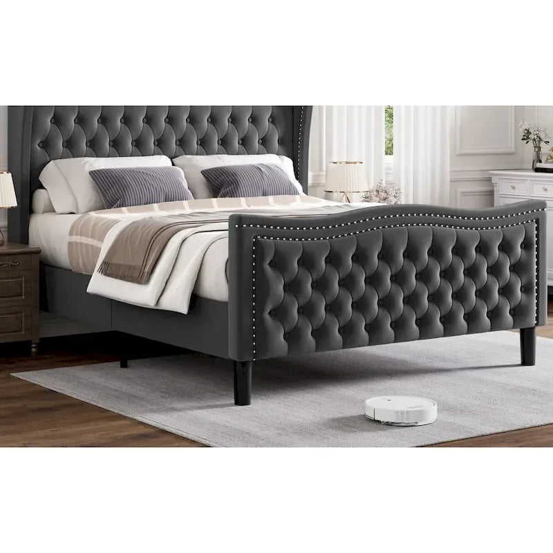 Lit Plateforme King Size en Velours Style Moderne
