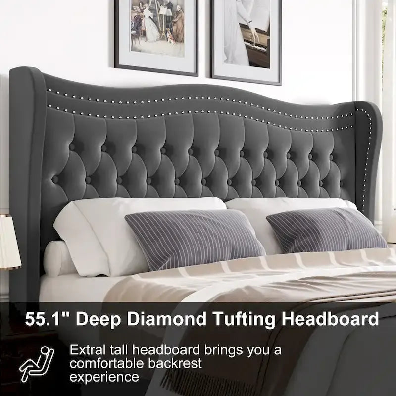 Lit Plateforme King Size en Velours Style Moderne