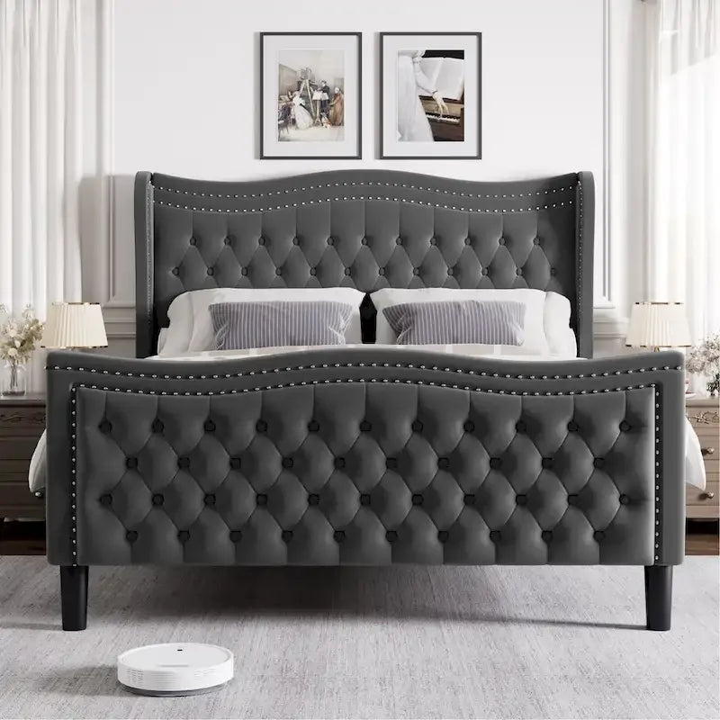 Lit Plateforme King Size en Velours Style Moderne