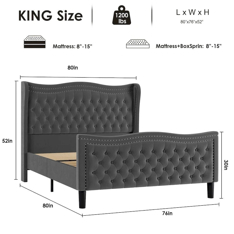Lit Plateforme King Size en Velours Style Moderne