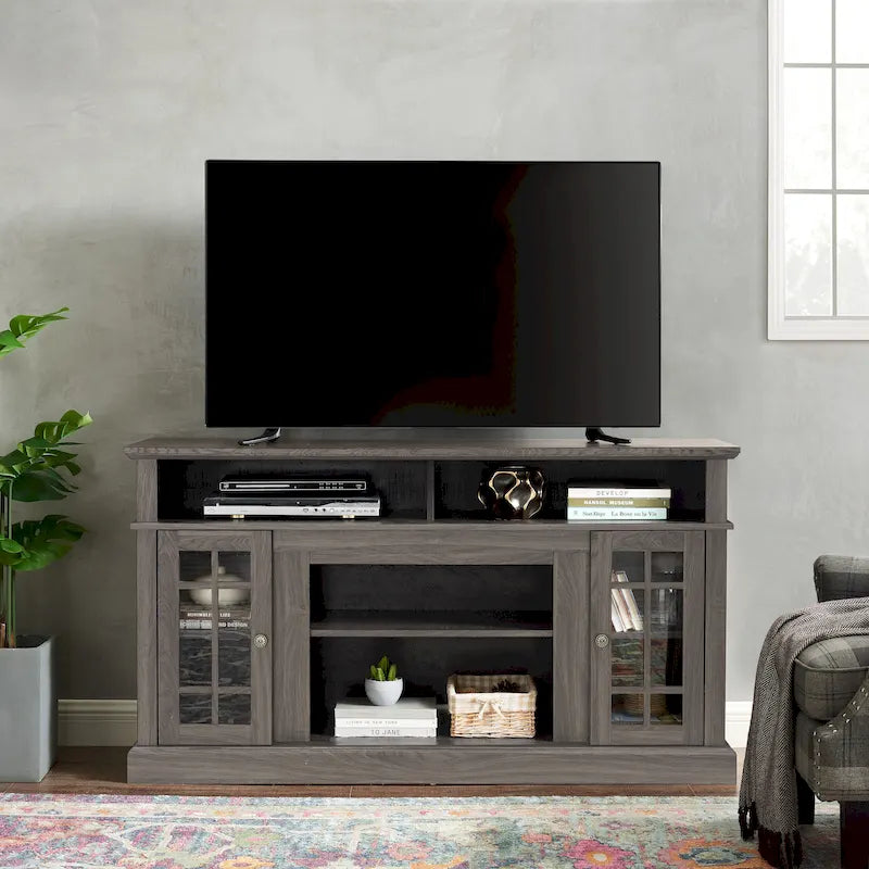 Meuble TV classique de 58 pouces avec rangements ouverts et fermés pour téléviseurs jusqu'à 65 pouces
