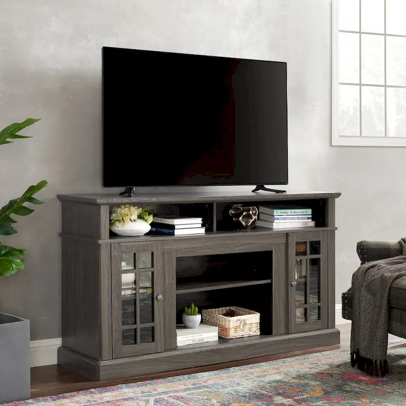 Meuble TV classique de 58 pouces avec rangements ouverts et fermés pour téléviseurs jusqu'à 65 pouces