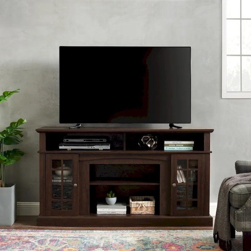 Meuble TV classique de 58 pouces avec rangements ouverts et fermés pour téléviseurs jusqu'à 65 pouces