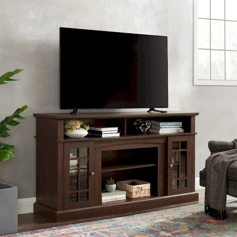 Meuble TV classique de 58 pouces avec rangements ouverts et fermés pour téléviseurs jusqu'à 65 pouces