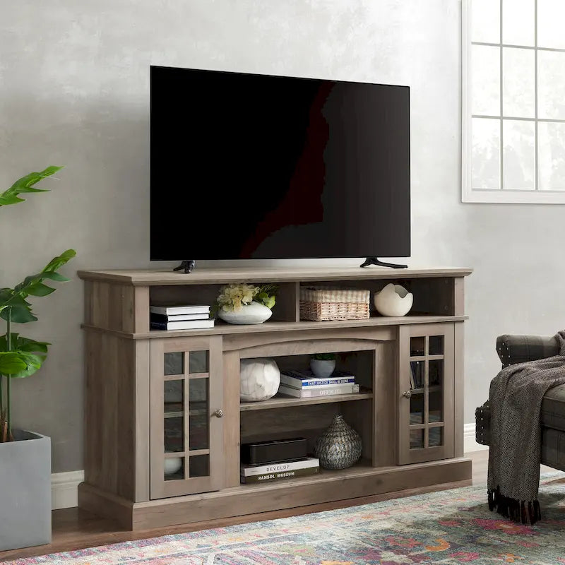 Meuble TV classique de 58 pouces avec rangements ouverts et fermés pour téléviseurs jusqu'à 65 pouces