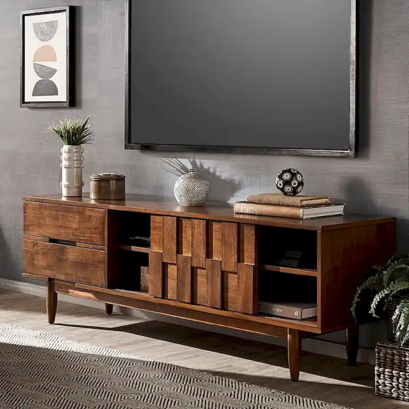 Meuble TV à 2 tiroirs en bois style Mid-Century