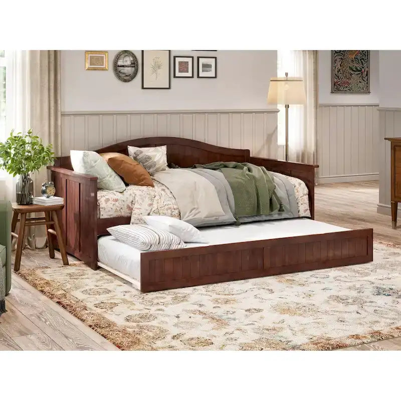 Lit de repos double en bois avec lit gigogne double