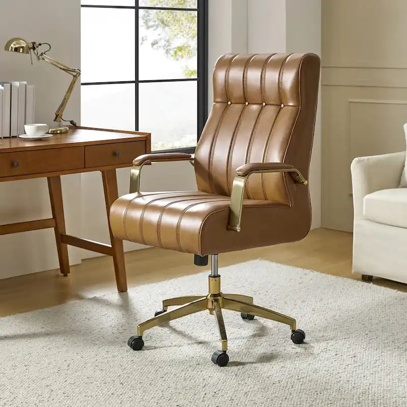 Chaise de bureau pivotante inclinable en cuir végétalien de style milieu de siècle avec touffetage à canaux et pieds en métal