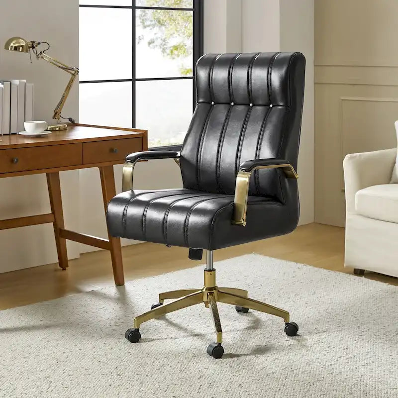 Chaise de bureau pivotante inclinable en cuir végétalien de style milieu de siècle avec touffetage à canaux et pieds en métal
