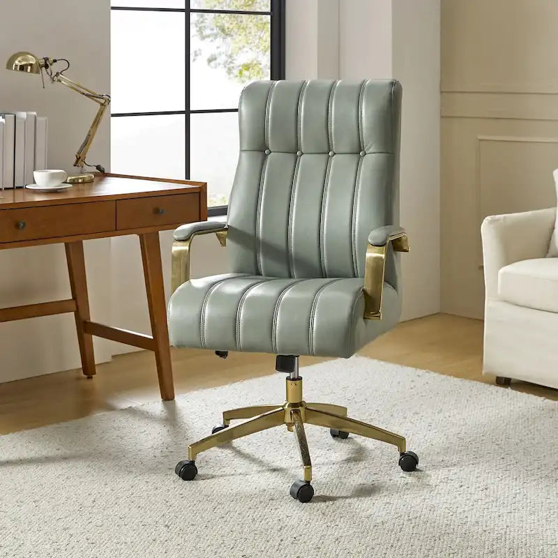 Chaise de bureau pivotante inclinable en cuir végétalien de style milieu de siècle avec touffetage à canaux et pieds en métal