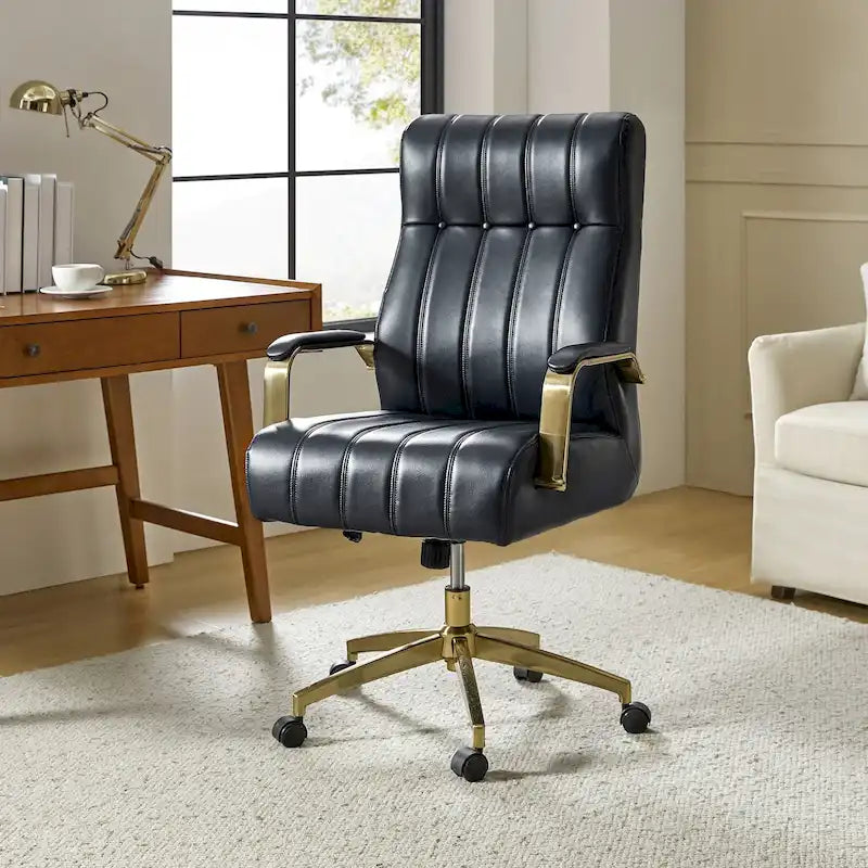Chaise de bureau pivotante inclinable en cuir végétalien de style milieu de siècle avec touffetage à canaux et pieds en métal