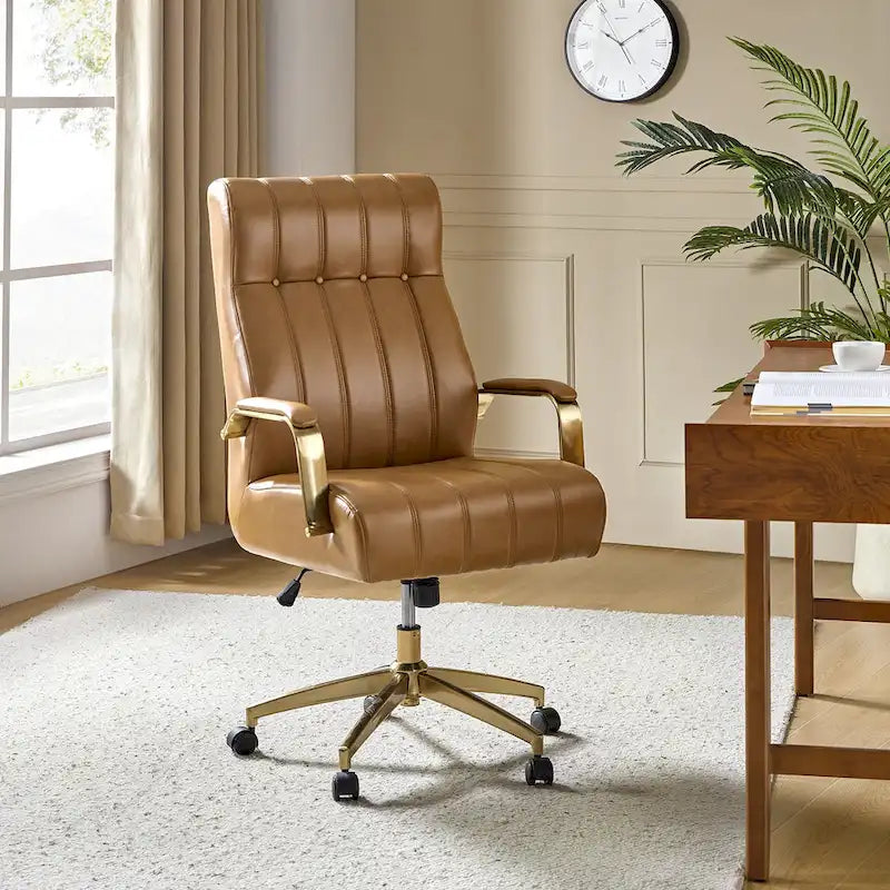 Chaise de bureau pivotante inclinable en cuir végétalien de style milieu de siècle avec touffetage à canaux et pieds en métal