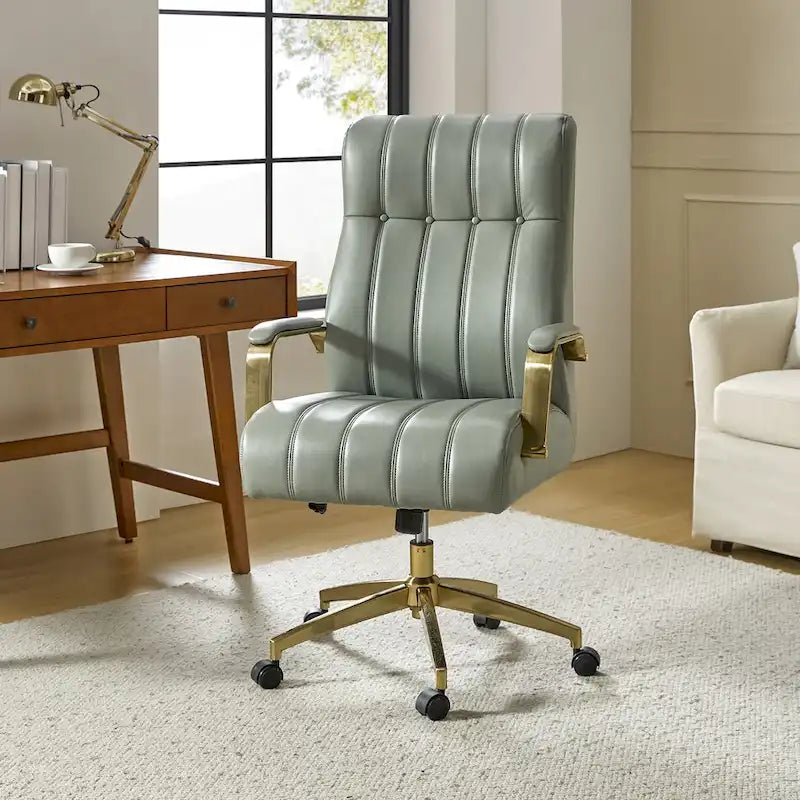 Chaise de bureau pivotante inclinable en cuir végétalien de style milieu de siècle avec touffetage à canaux et pieds en métal