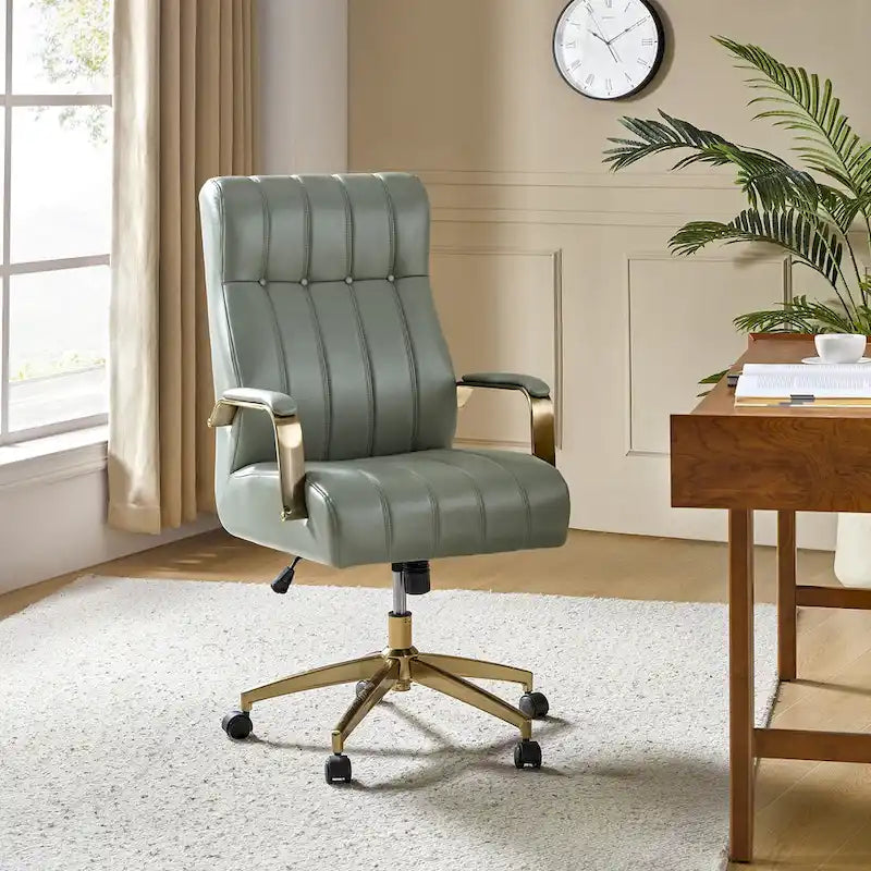 Chaise de bureau pivotante inclinable en cuir végétalien de style milieu de siècle avec touffetage à canaux et pieds en métal