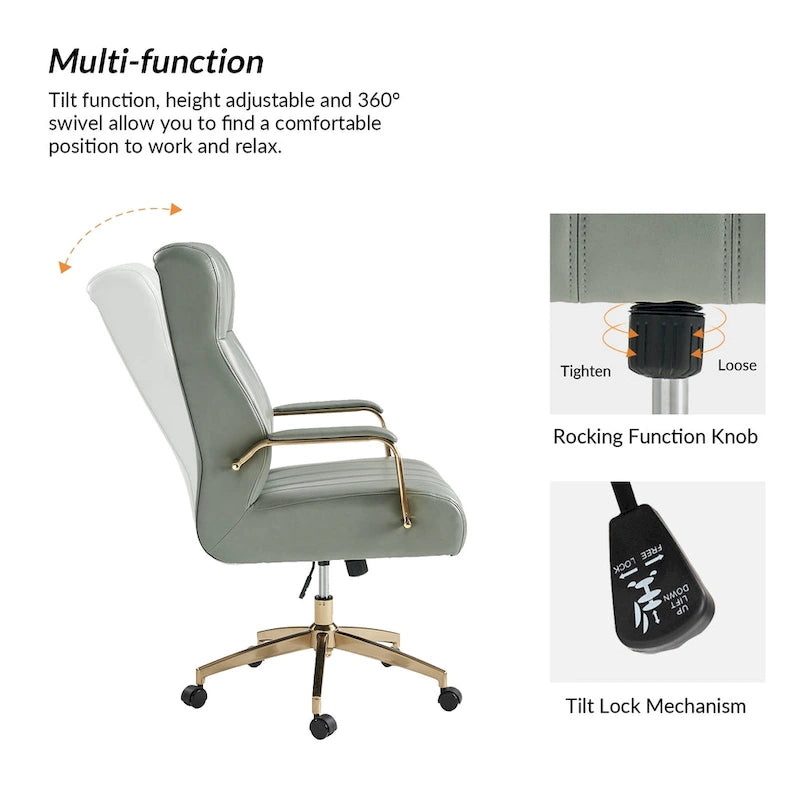 Chaise de bureau pivotante inclinable en cuir végétalien de style milieu de siècle avec touffetage à canaux et pieds en métal