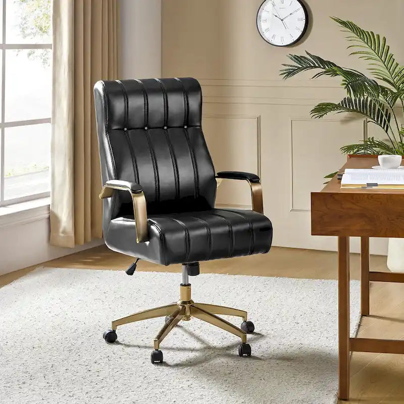 Chaise de bureau pivotante inclinable en cuir végétalien de style milieu de siècle avec touffetage à canaux et pieds en métal