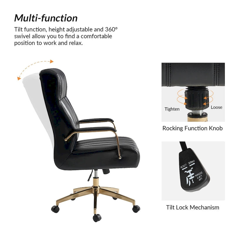 Chaise de bureau pivotante inclinable en cuir végétalien de style milieu de siècle avec touffetage à canaux et pieds en métal