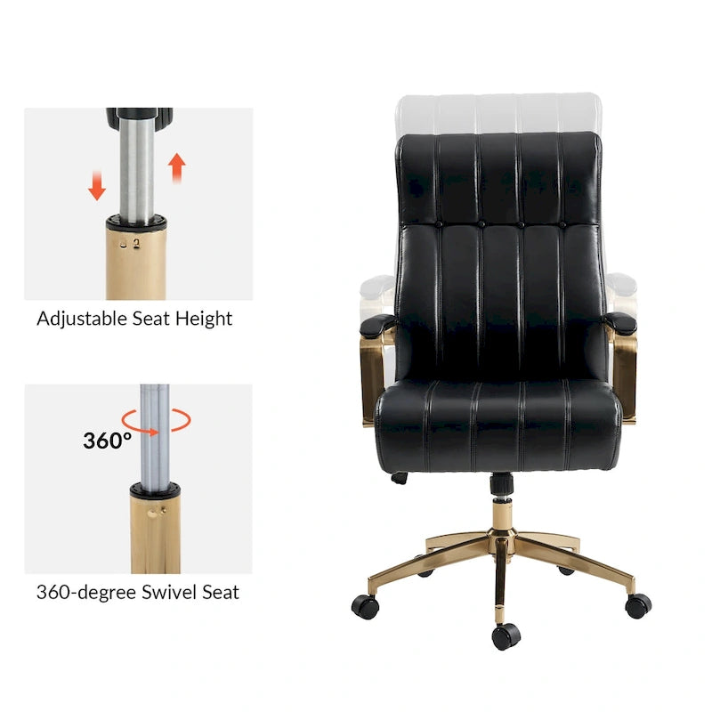 Chaise de bureau pivotante inclinable en cuir végétalien de style milieu de siècle avec touffetage à canaux et pieds en métal