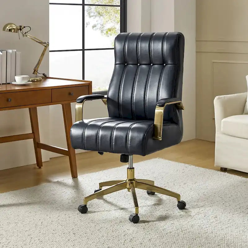 Chaise de bureau pivotante inclinable en cuir végétalien de style milieu de siècle avec touffetage à canaux et pieds en métal