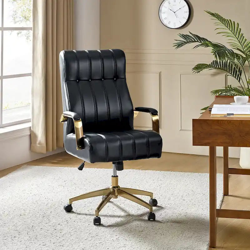 Chaise de bureau pivotante inclinable en cuir végétalien de style milieu de siècle avec touffetage à canaux et pieds en métal