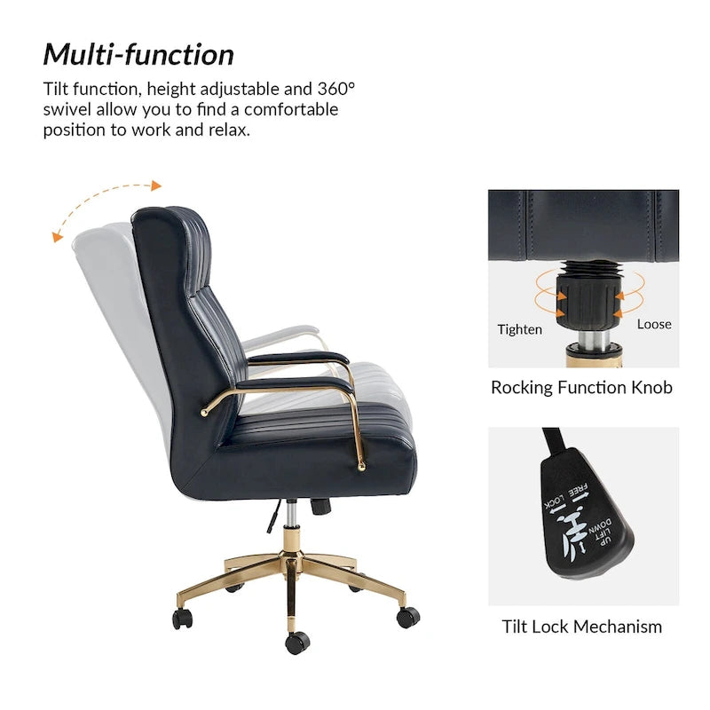Chaise de bureau pivotante inclinable en cuir végétalien de style milieu de siècle avec touffetage à canaux et pieds en métal