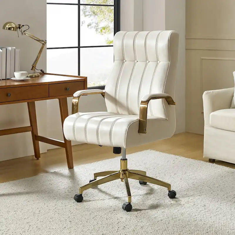 Chaise de bureau pivotante inclinable en cuir végétalien de style milieu de siècle avec touffetage à canaux et pieds en métal