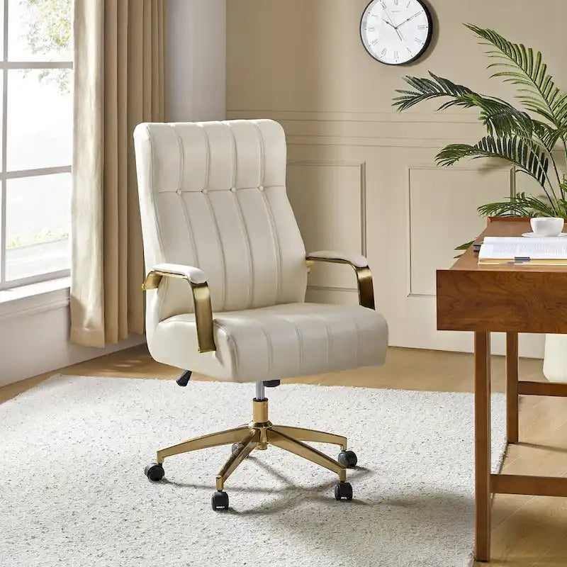 Chaise de bureau pivotante inclinable en cuir végétalien de style milieu de siècle avec touffetage à canaux et pieds en métal