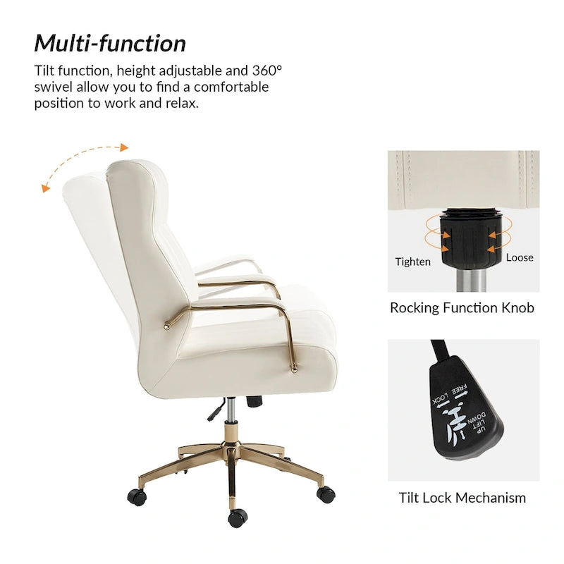 Chaise de bureau pivotante inclinable en cuir végétalien de style milieu de siècle avec touffetage à canaux et pieds en métal