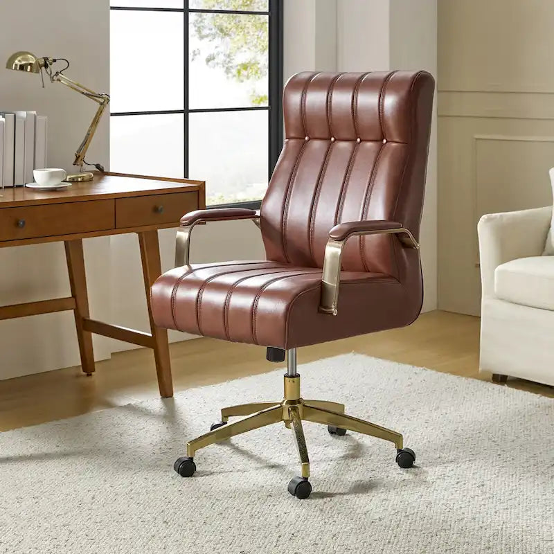 Chaise de bureau pivotante inclinable en cuir végétalien de style milieu de siècle avec touffetage à canaux et pieds en métal