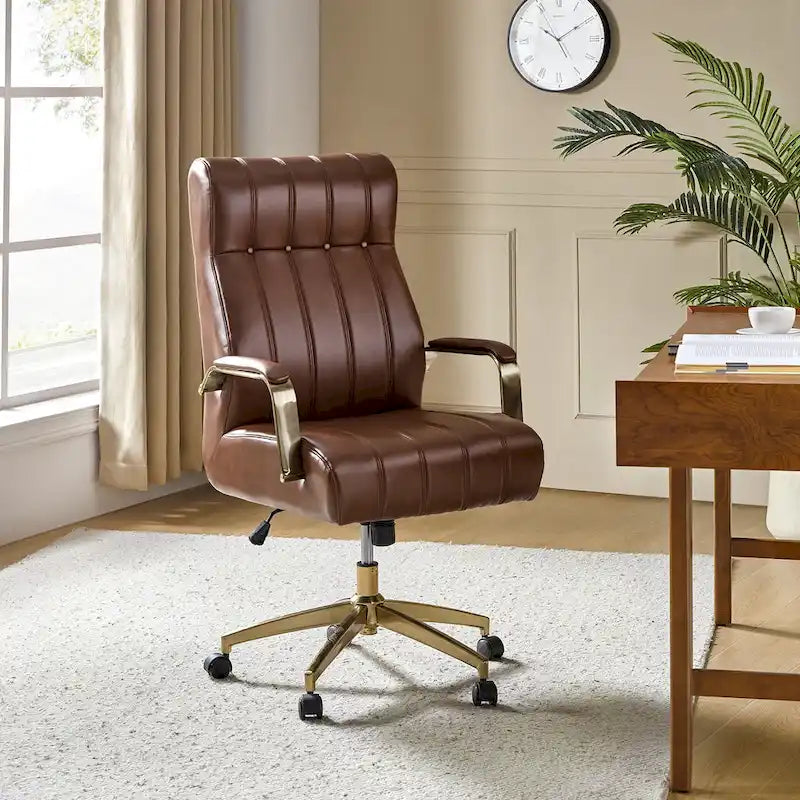 Chaise de bureau pivotante inclinable en cuir végétalien de style milieu de siècle avec touffetage à canaux et pieds en métal