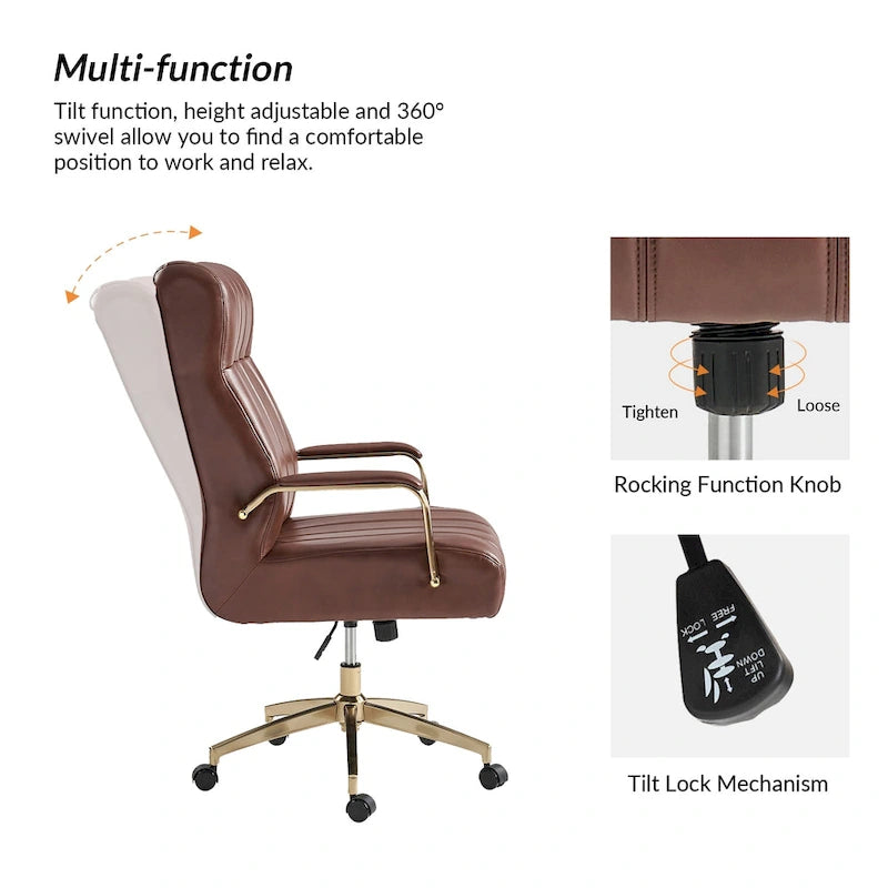 Chaise de bureau pivotante inclinable en cuir végétalien de style milieu de siècle avec touffetage à canaux et pieds en métal