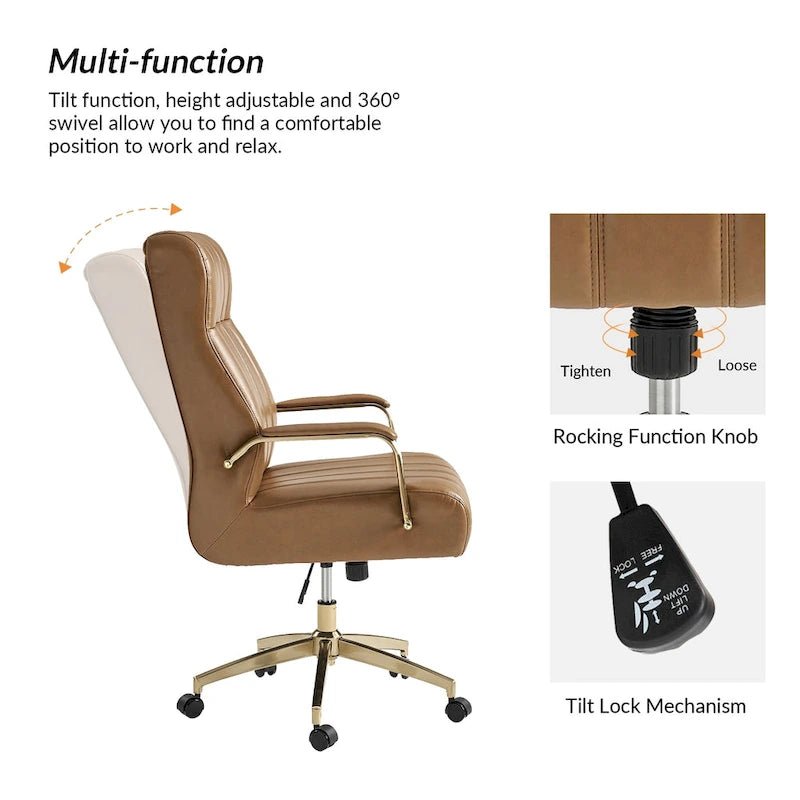Chaise de bureau pivotante inclinable en cuir végétalien de style milieu de siècle avec touffetage à canaux et pieds en métal