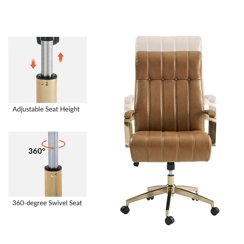 Chaise de bureau pivotante inclinable en cuir végétalien de style milieu de siècle avec touffetage à canaux et pieds en métal