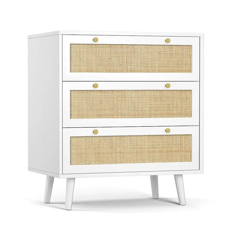 Commode Blanche à 3 Tiroirs en Rotin Style Mid-Century Moderne