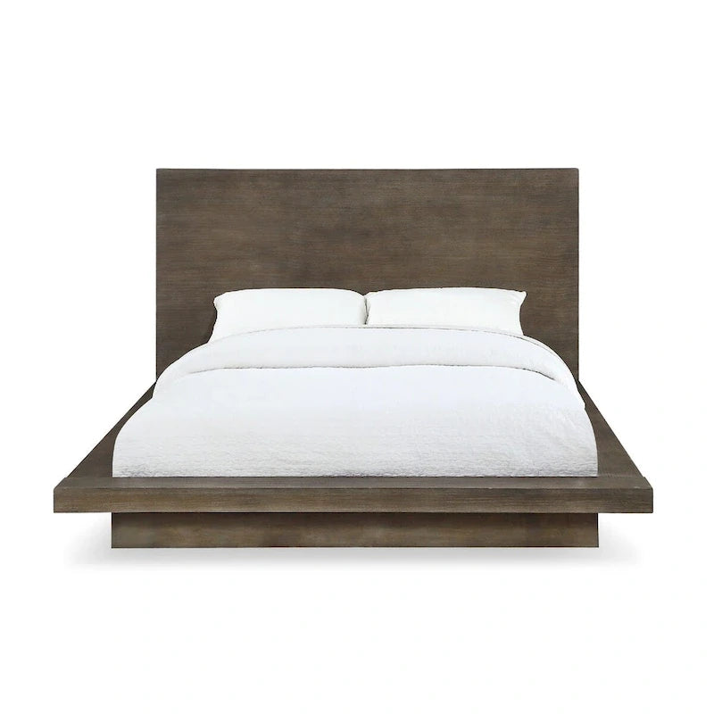 Lit plateforme queen en bois, avec base plinthe, marron vieilli