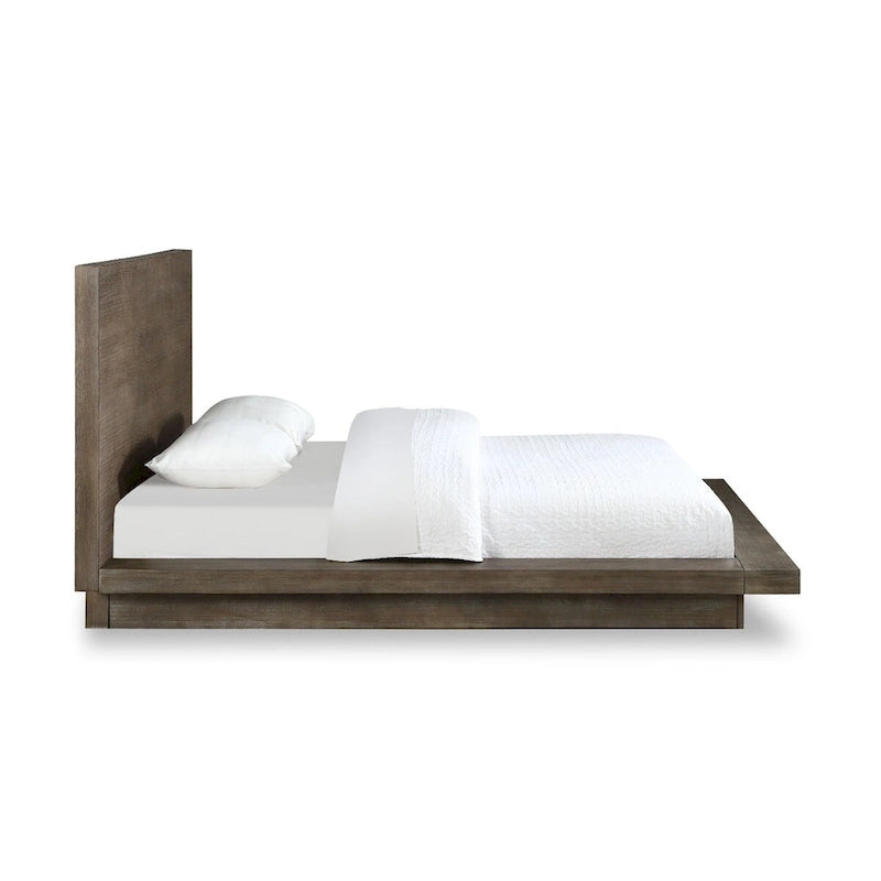 Lit plateforme queen en bois, avec base plinthe, marron vieilli