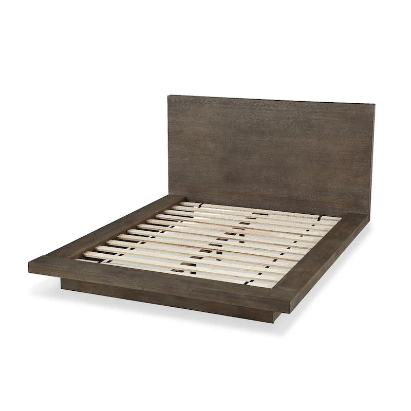 Lit plateforme queen en bois, avec base plinthe, marron vieilli