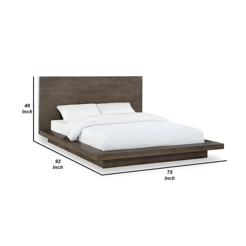 Lit plateforme queen en bois, avec base plinthe, marron vieilli
