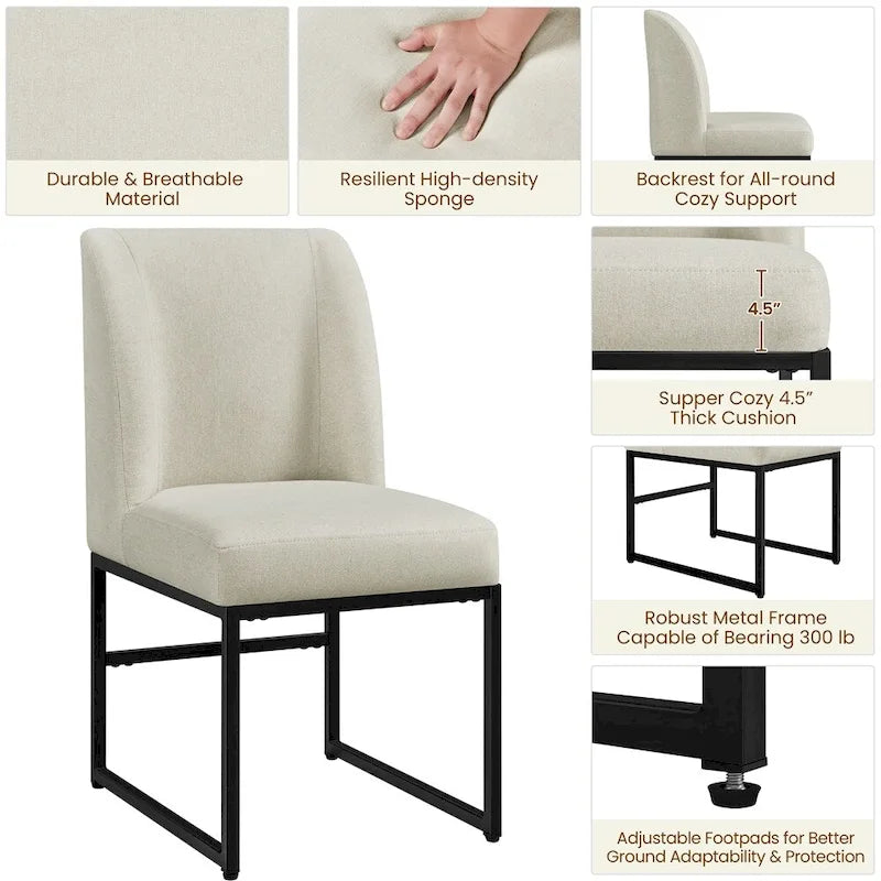 2 chaises de salle à manger modernes rembourrées avec pieds en métal, beiges