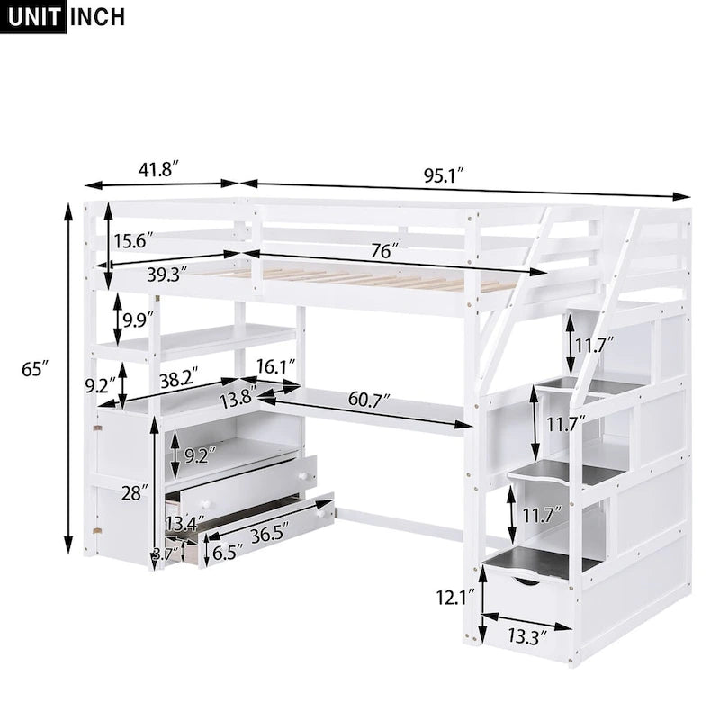 Lit mezzanine simple avec bureau et étagères