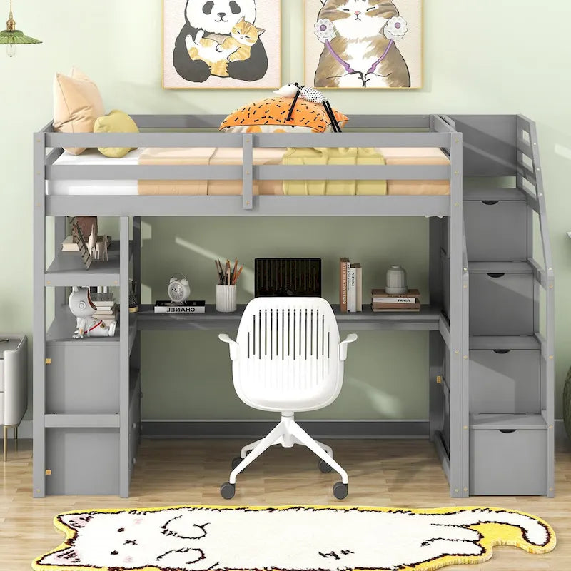Lit mezzanine simple avec bureau et étagères