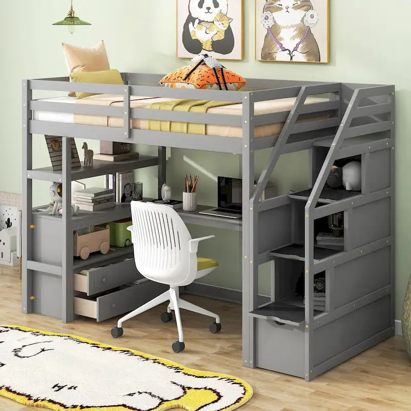 Lit mezzanine simple avec bureau et étagères