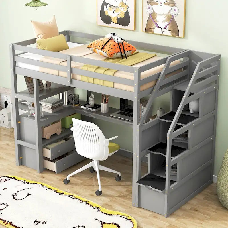 Lit mezzanine simple avec bureau et étagères
