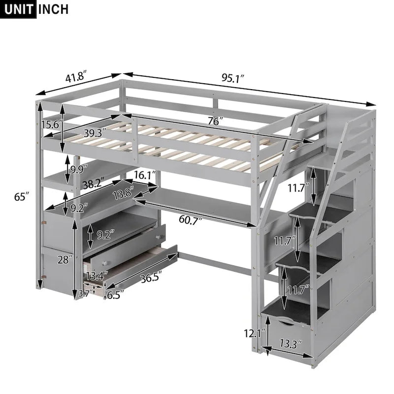 Lit mezzanine simple avec bureau et étagères