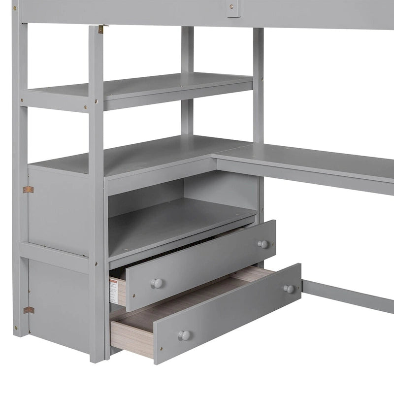 Lit mezzanine simple avec bureau et étagères