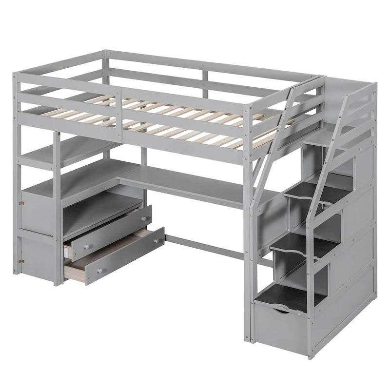 Lit mezzanine simple avec bureau et étagères