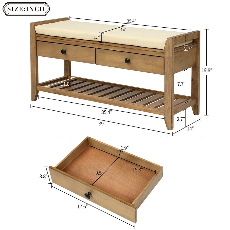 Meuble à chaussures avec assise capitonnée et tiroirs