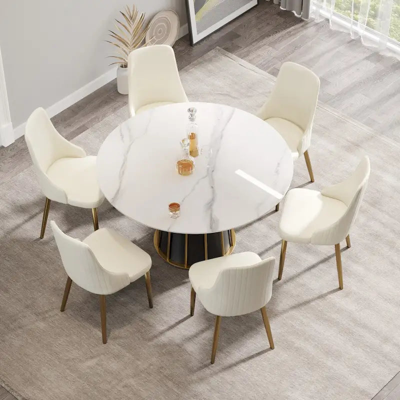 Table à manger ronde en pierre frittée blanche de 53 po avec plateau tournant
